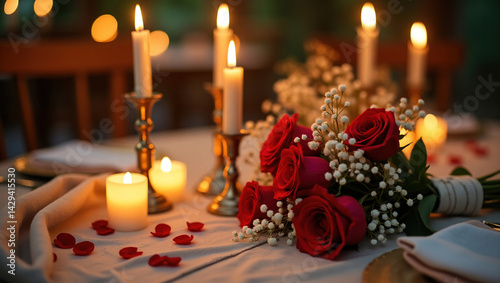 Obraz na płótnie close-up of two candles with soft golden flames, located next to each other, surrounded by delicate, scattered rose petals, romantic atmosphere
w salonie