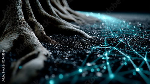 Obraz na płótnie Digital tree roots with glowing lights symbolize the fusion of technology and nature highlighting the interconnectedness of biological systems and digital networks in a futuristic aesthetic
w salonie