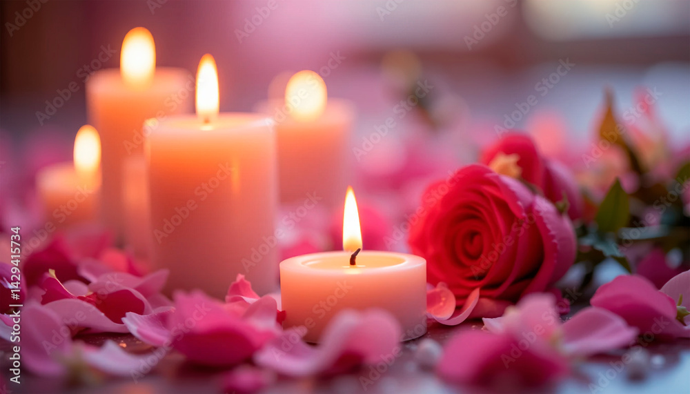 close-up of two candles with soft golden flames, located next to each other, surrounded by delicate, scattered rose petals, romantic atmosphere