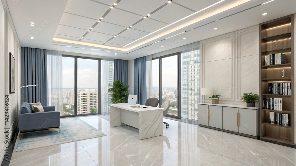 A modern, bright and spacious office with two tables, stylized as minimalism. On the walls are vertical wooden empty white frames.