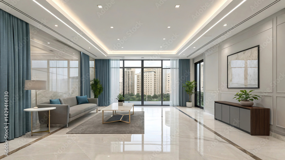A modern, bright and spacious office with two tables, stylized as minimalism. On the walls are vertical wooden empty white frames.