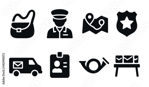 Postal service solid icons set – silhouette style mail, delivery, and communication symbols for logistics planning: mailbag, postman, map, badge, truck, id, horn, mailbox.