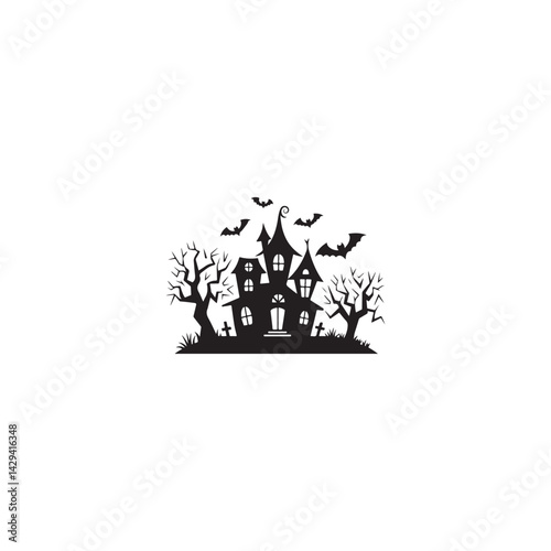 Spooky Halloween Silhouette of a Haunted House.A dramatic black silhouette of a haunted house, complete with bats and a full moon, set against a plain white background.