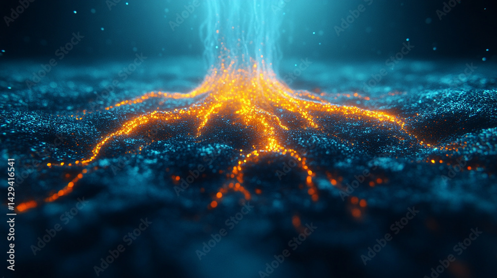 Digital tree roots with glowing lights symbolize the fusion of technology and nature highlighting the interconnectedness of biological systems and digital networks in a futuristic aesthetic