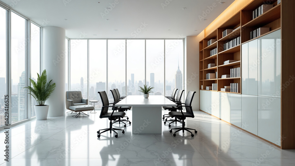 A modern, bright and spacious office with two tables, stylized as minimalism. On the walls are vertical wooden empty white frames.