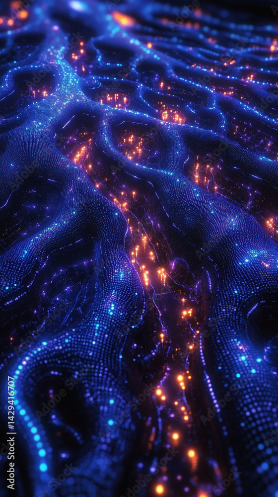 Digital tree roots with glowing lights symbolize the fusion of technology and nature highlighting the interconnectedness of biological systems and digital networks in a futuristic aesthetic