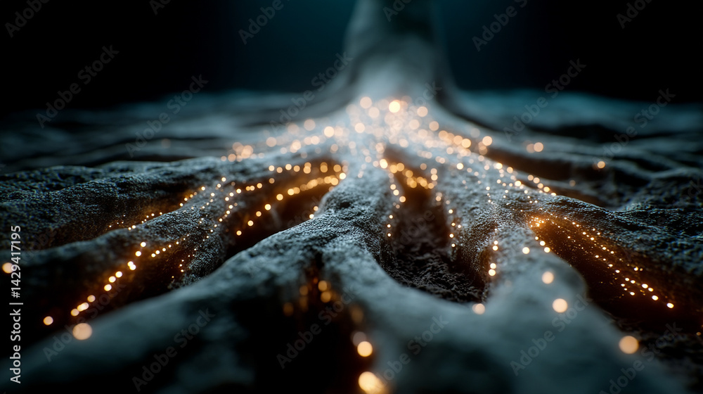 Digital tree roots with glowing lights symbolize the fusion of technology and nature highlighting the interconnectedness of biological systems and digital networks in a futuristic aesthetic