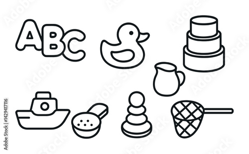 Kids educational outline icons set – line style learning and play symbols for early childhood: abc letters, rubber duck, tower rings, toy boat, sifter, stacking toy, butterfly net.