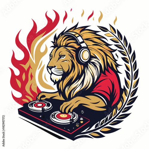 A majestic lion-headed DJ, adorned with tribal markings, spins fiery discs amidst a vibrant techno rave scene.