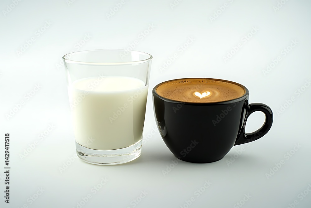 A glass of fresh milk on the left, a cup of black coffee on the right, realistic texture, and lighting contrast, set on white.