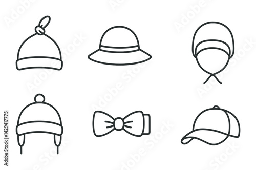 Winter hat outline icon set - line style fashion accessories for seasonal style: beanie, bowler, earflap, bowtie, cap
