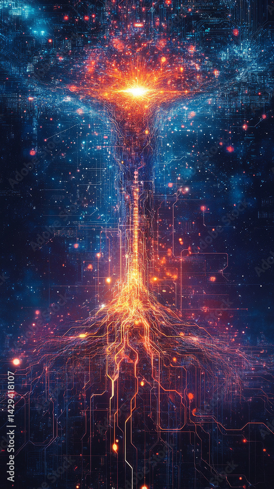 Digital tree roots with glowing lights symbolize the fusion of technology and nature highlighting the interconnectedness of biological systems and digital networks in a futuristic aesthetic