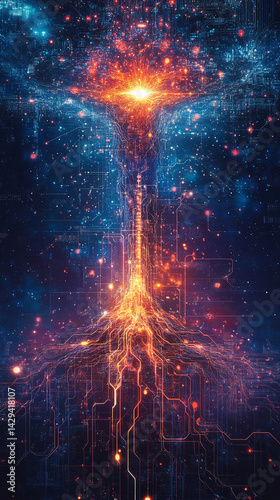 Obraz na płótnie Digital tree roots with glowing lights symbolize the fusion of technology and nature highlighting the interconnectedness of biological systems and digital networks in a futuristic aesthetic
w salonie
