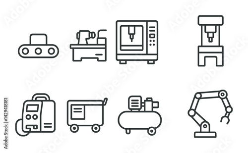 Manufacturing and industry icon set – line style industrial, production, and factory symbols for engineering design: conveyor belt, sewing machine, lathe, drill press, welding machine, compressor,