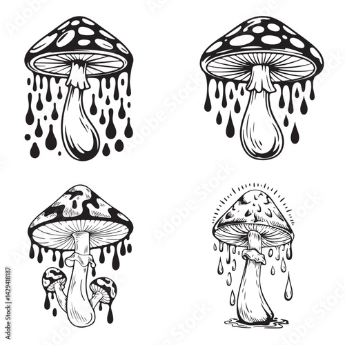 Four Graphic Mushroom Illustrations with Dripping Effect