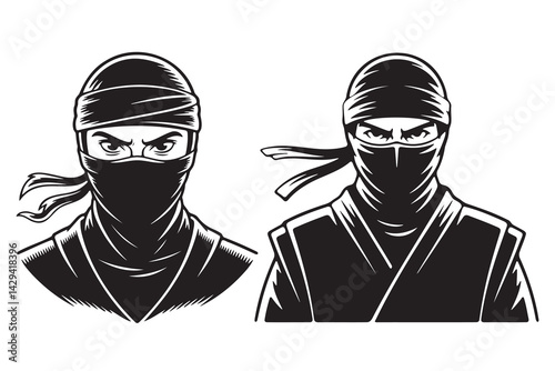 Two Ninja Warriors in Black and White Silhouette