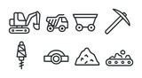 Construction and mining outline icon set – linear style excavation, machinery, and industrial symbols for building and mining projects: excavator, dump truck, ore cart, pickaxe, drill, tunnel, gravel