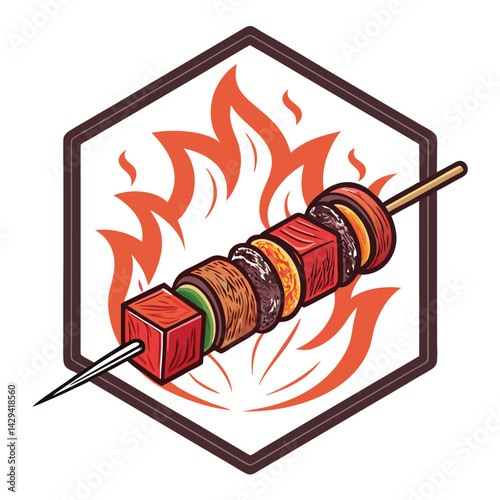 A sizzling kebab skewer, flames licking its meat, dramatically centered within a bold, hexagonal frame.  High-contrast, vibrant colors.