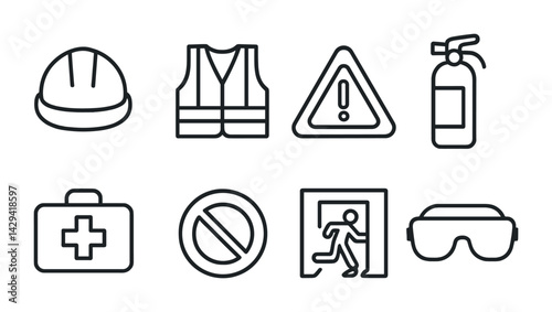 Safety and protection outline icon set – linear style workplace safety, hazard, and emergency symbols: hard hat, safety vest, warning sign, fire extinguisher, first aid kit, no entry, emergency exit,