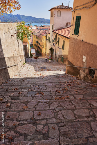 The narrow streets of the old town. Portoferraio is a popular travel destination in Italy. Elba island
