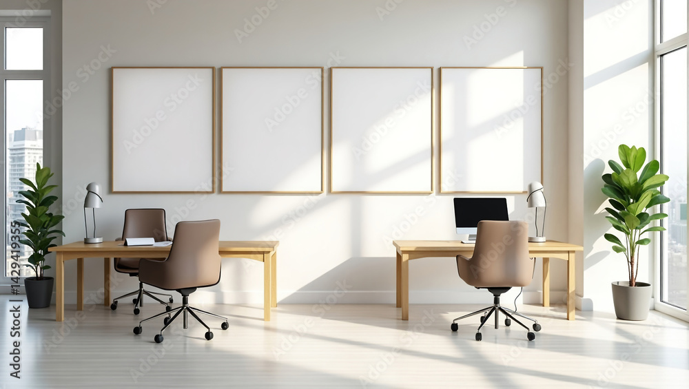 Modern spacious office with two tables, stylized in minimalism, on the walls are vertical wooden empty white frames, two tables are equipped with office chairs, a computer and a lamp
