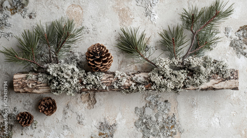 A neutral-toned still life of natural elements--lichen, pine branches, and wood--creates a minimalist branding backdrop