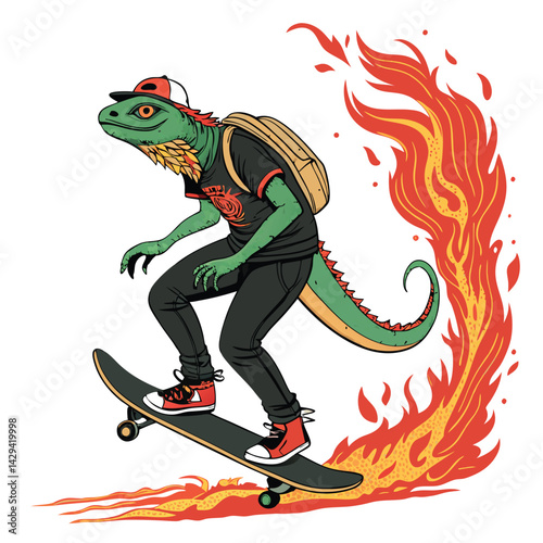 A fierce lizard warrior, fiery tail ablaze, skillfully skateboarding down a city street at sunset.