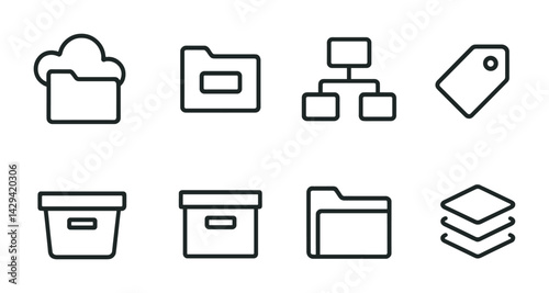Digital storage and organization icon set – linear style data management, cloud computing, and file organization symbols: cloud drive, folder, network, tag, box, hierarchy, database.