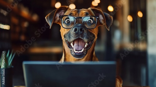 A happy canine wearing eyeglasses is seated at a laptop computer, sporting a surprised expression