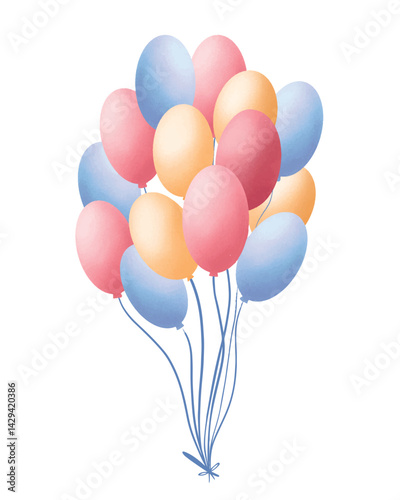 Realistic pastel balloons bunch. Glossy helium balloons in pink, yellow, blue shades. Party decor, birthday celebration, baby shower, vector clipart. Festive, elegant, soft colors, isolated