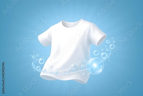 White casual shirts washed in clean water with molecule in liquid bubble, Detergent cleaner, 3d rendering.