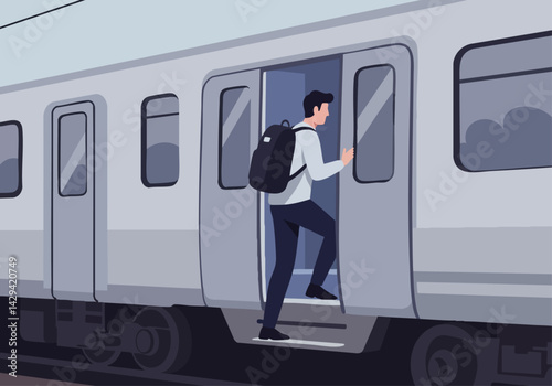 Man boards a train, looking at his phone. Modern commuter scene. Clean, bright, and ideal for travel, transportation, or business concepts.