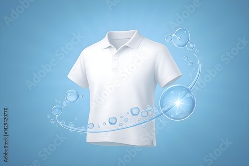 White casual shirts washed in clean water with molecule in liquid bubble, Detergent cleaner, 3d rendering.