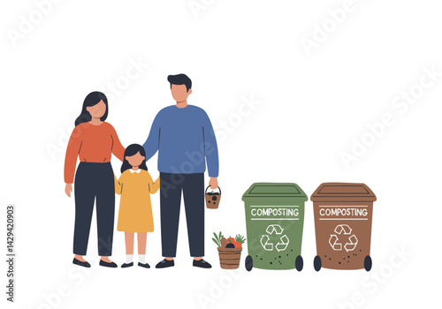 A family of three stands proudly next to composting bins, promoting eco-friendly practices. Warm colors, simple illustration style, perfect for sustainability themes.