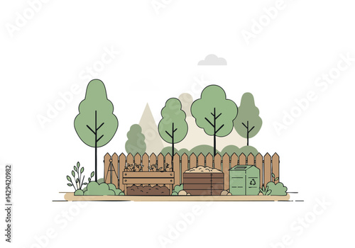 A flat vector illustration depicts a compost bin in a garden setting. Trees, shrubs, and a wooden fence create a serene, eco-friendly scene. Ideal for sustainability concepts.