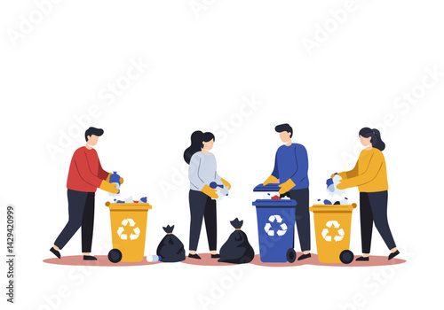 Four people sort waste into recycling bins. A diverse group actively participates in environmental responsibility. Clean, modern illustration.