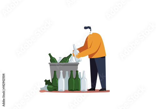 A man sorts glass bottles into a recycling bin. Clean, modern illustration depicts responsible waste management. Suitable for environmental themes.