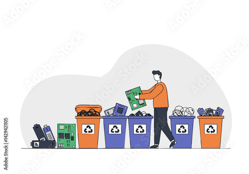 A man sorts electronic waste into recycling bins. A clean, modern illustration depicts responsible disposal and environmental awareness. Ideal for sustainability concepts.