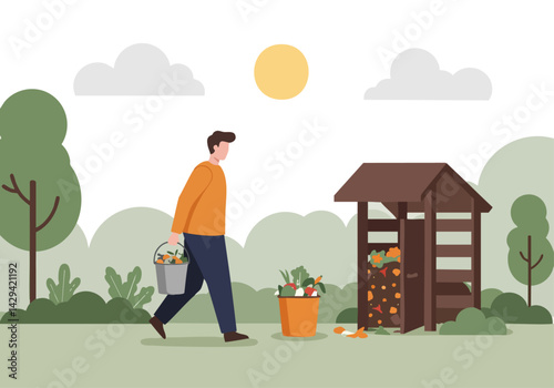 A man walks through a lush garden, carrying a bucket of produce and passing a compost bin. Bright, sunny day. Ideal for lifestyle and sustainability themes.