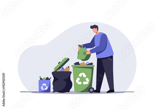 Man sorting waste into recycling bins. Illustrates environmental responsibility and sustainable living. Clean, modern style, ideal for eco-conscious campaigns.