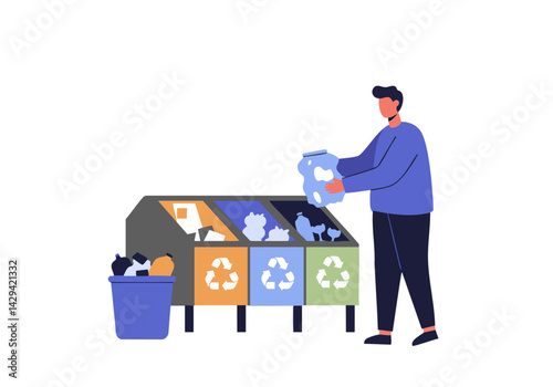 Man sorts waste into recycling bins. Colorful bins with recycling symbols. Promoting sustainability and environmental responsibility. Clean, modern illustration.