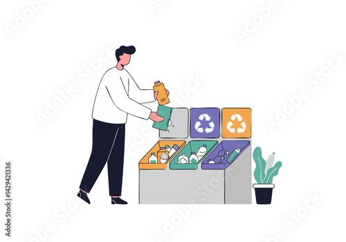 Man sorts waste into recycling bins. Colorful containers for paper, plastic, and glass. Promoting sustainability and environmental responsibility. Clean, modern illustration.
