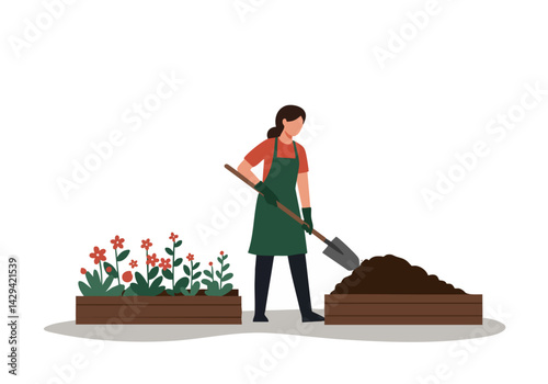 A woman in an apron digs in a raised garden bed, surrounded by colorful flowers. A clean, flat illustration perfect for gardening, nature, or lifestyle themes.