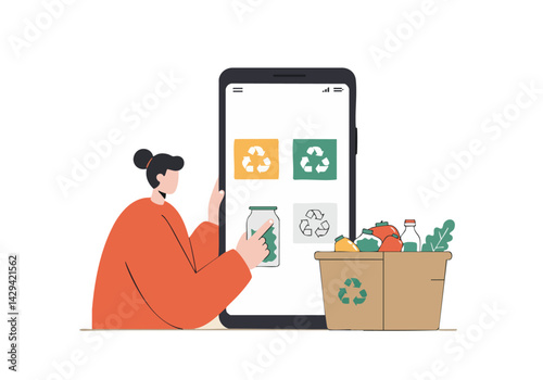 A young Asian woman interacts with a phone displaying recycling icons and a grocery basket filled with fresh produce. Illustrative, modern, and promoting sustainable living.