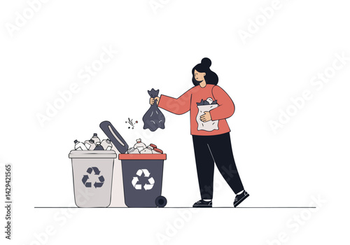 Woman discarding waste into a compost bin. Illustration shows eco-conscious lifestyle and recycling. Clean, modern style.