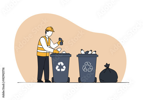 Worker sorts recyclables into bins. Flat vector illustration shows a man in a yellow vest separating plastic bottles. Clean, modern style.