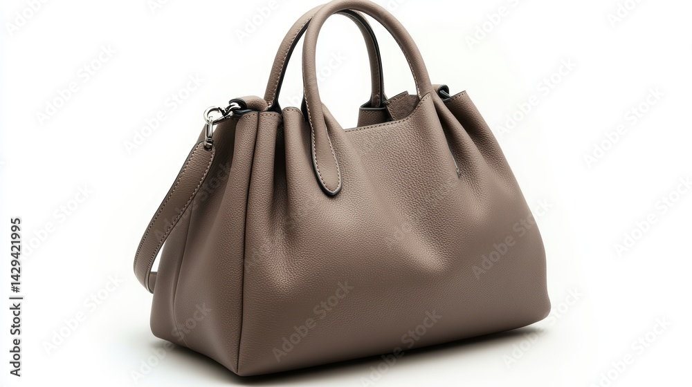 Naklejka premium Modern taupe shoulder handbag with minimal design, isolated on white background