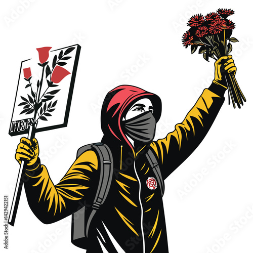 A masked protester, holding flowers, participates in a silent demonstration, showcasing peaceful resistance and civil disobedience.