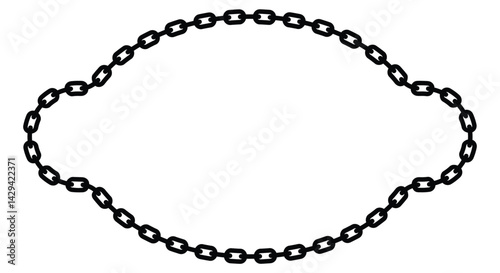 Minimalist black chain oval frame with geometric rectangular links looping continuously. Isolated on white, bold contrast. Symbolizes strength and order, clean vector illustration.