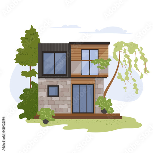 Modern two-story modular house with stone and wood facade, large glass windows Contemporary urban architecture with eco-friendly, minimalistic design. Vector illustration eco house surrounded by trees